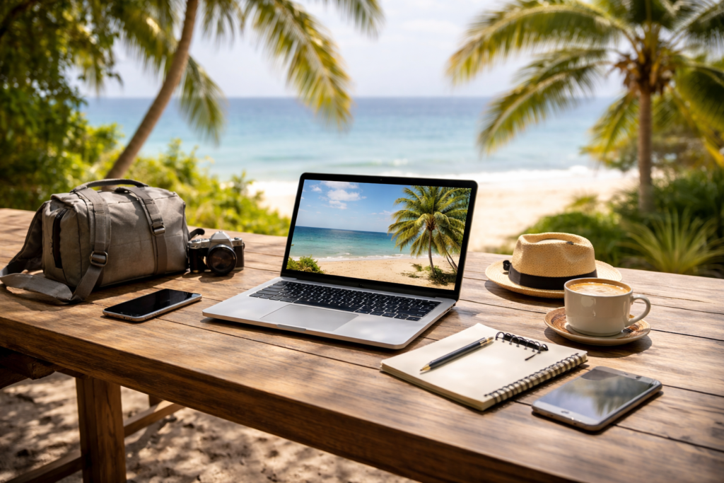 Remote work setup for digital nomads working from a laptop by the beach