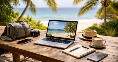 Remote work setup for digital nomads working from a laptop by the beach