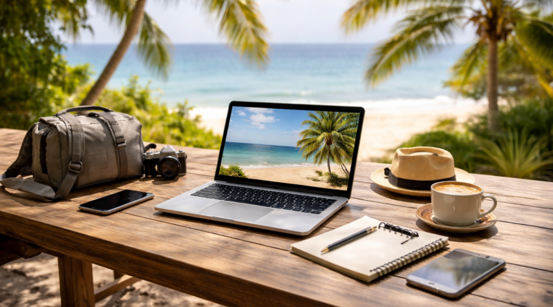 Remote work setup for digital nomads working from a laptop by the beach